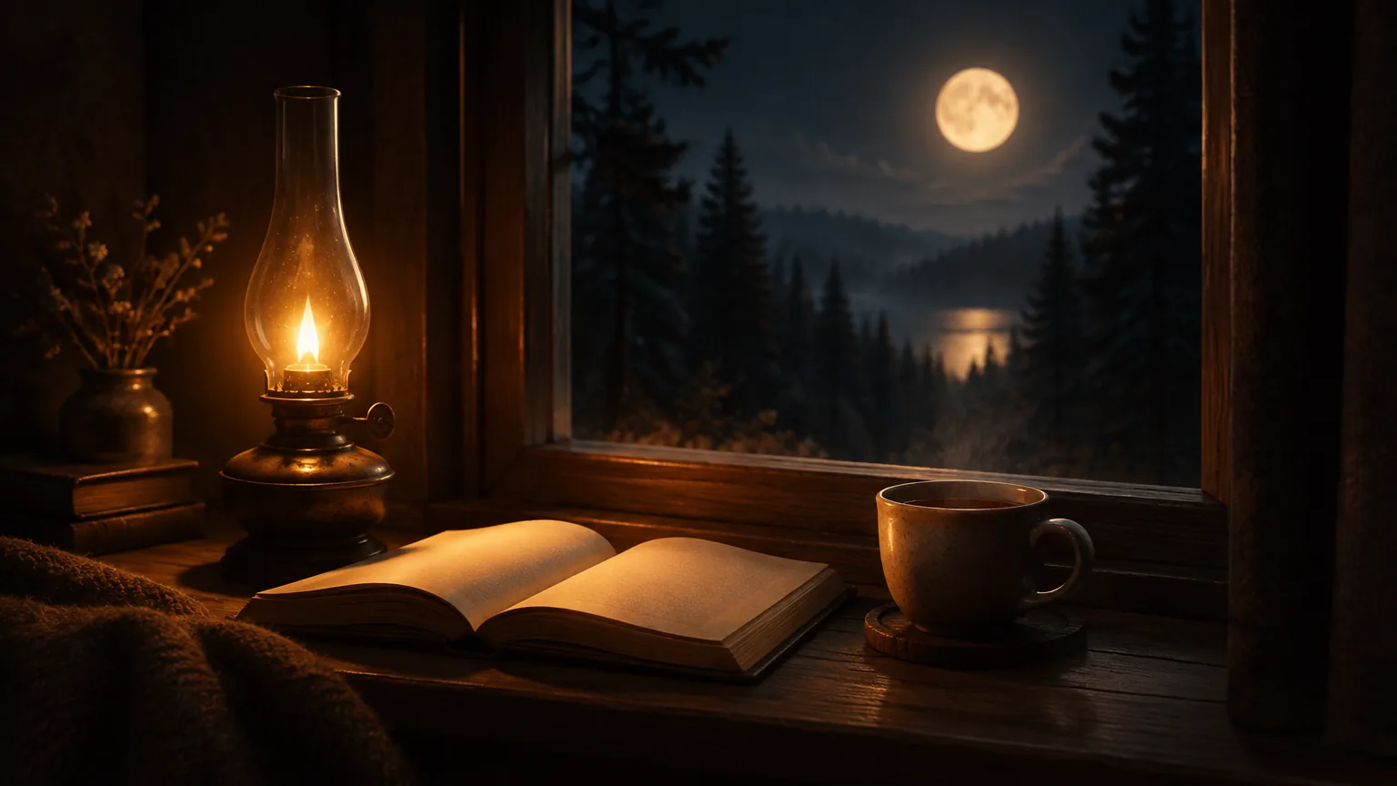 Старая лампа освещает раскрытую книгу и чашку чая на подоконнике, за окном ночной лес и луна