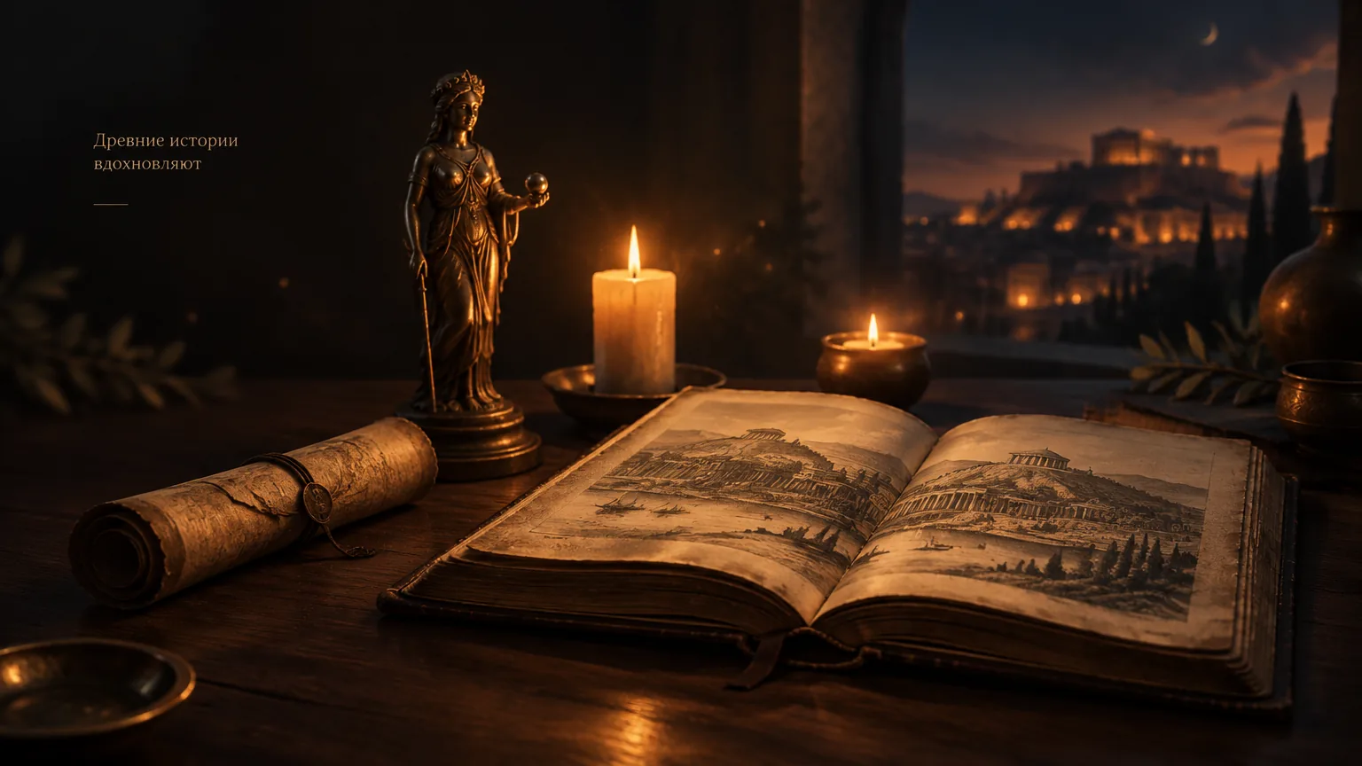 Свиток, бронзовая статуэтка и раскрытая старая книга на столе при свечах