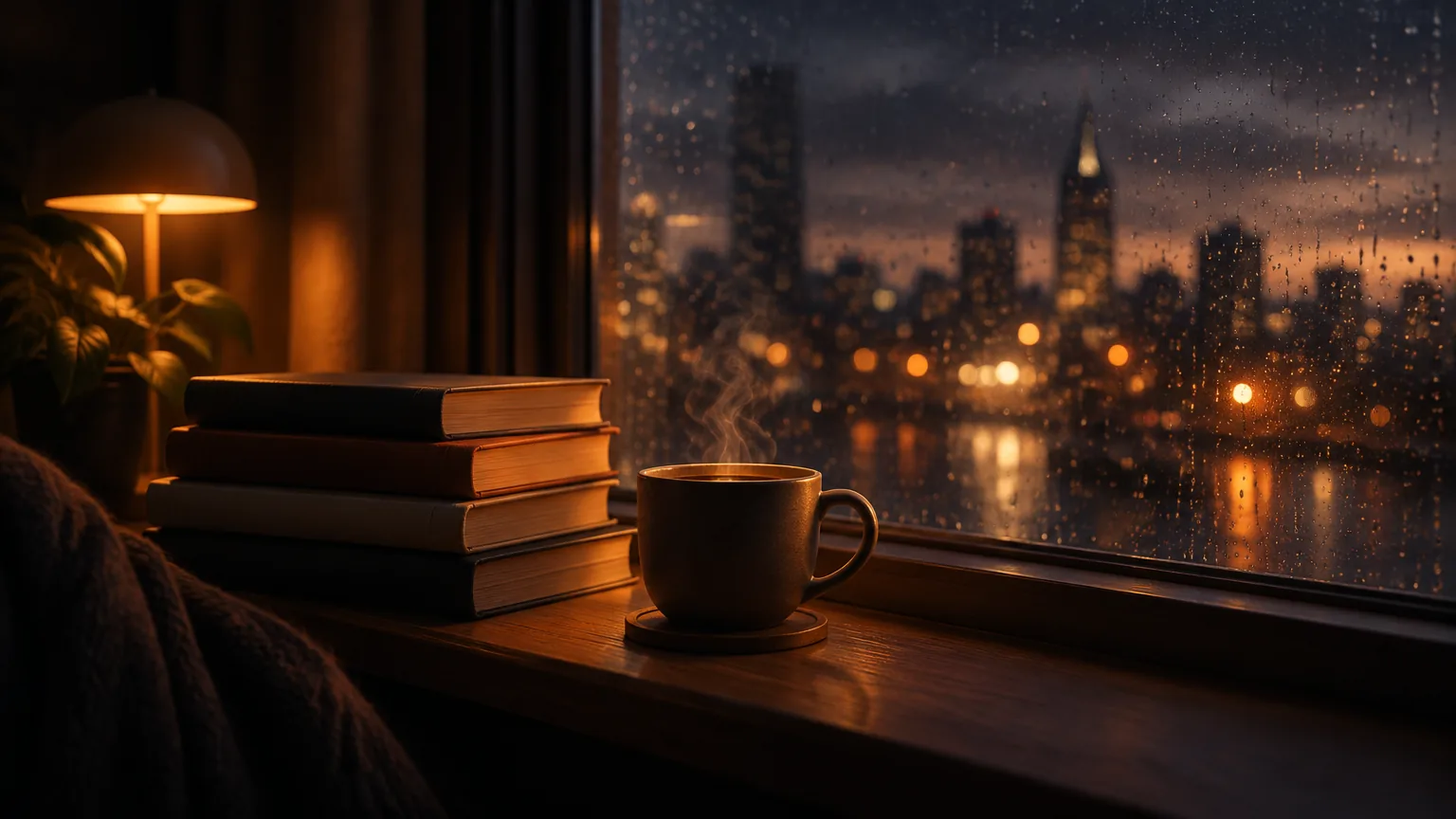 Стопка книг и чашка кофе на подоконнике в дождливый вечер, капли на стекле, тёплый свет лампы